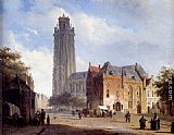Cornelis Springer Canvas Paintings - A Cathedral On A Townsquare In Summer